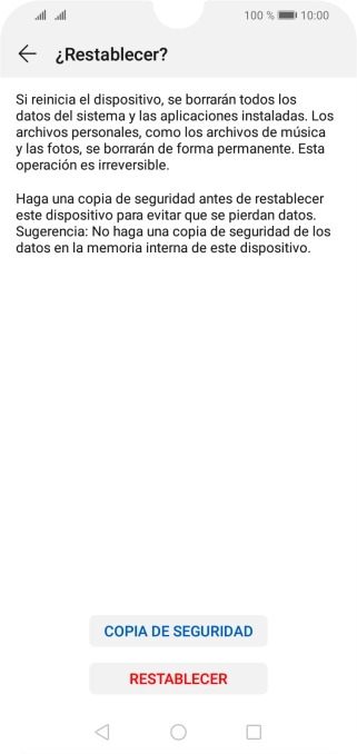 Pulsa RESTABLECER. Espera unos instantes mientras el teléfono restablece la configuración predeterminada. Sigue las indicaciones de la pantalla para configurar el teléfono y dejarlo listo para su uso.