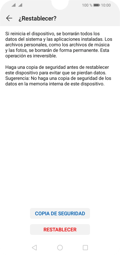 Pulsa RESTABLECER. Espera unos instantes mientras el teléfono restablece la configuración predeterminada. Sigue las indicaciones de la pantalla para configurar el teléfono y dejarlo listo para su uso.