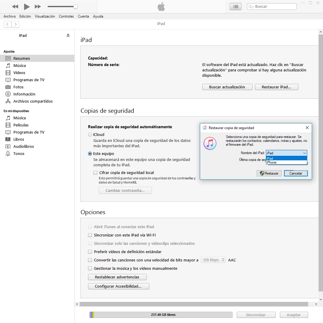 Haz clic en la copia de seguridad deseada.