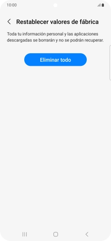Pulsa Eliminar todo. Espera unos instantes mientras el teléfono restablece la configuración predeterminada. Sigue las indicaciones de la pantalla para configurar el teléfono y dejarlo listo para su uso.