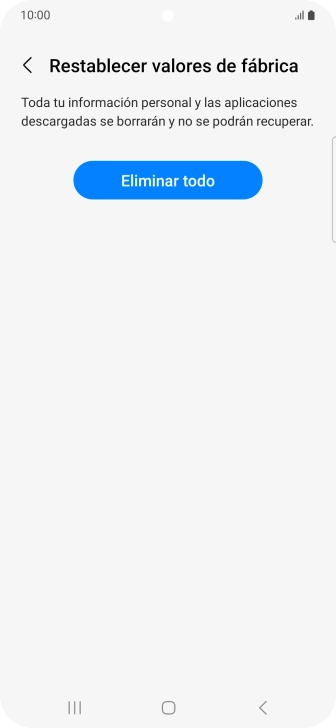 Pulsa Eliminar todo. Espera unos instantes mientras el teléfono restablece la configuración predeterminada. Sigue las indicaciones de la pantalla para configurar el teléfono y dejarlo listo para su uso.