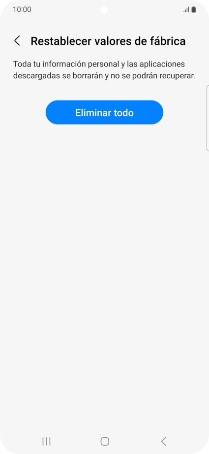 Pulsa Eliminar todo. Espera unos instantes mientras el teléfono restablece la configuración predeterminada. Sigue las indicaciones de la pantalla para configurar el teléfono y dejarlo listo para su uso.