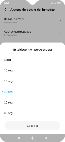 Si desvías las llamadas perdidas, tendrás que seleccionar un retardo para el desvío. Pulsa el retardo deseado y sigue las indicaciones de la pantalla para seleccionar el retardo deseado del desvío.