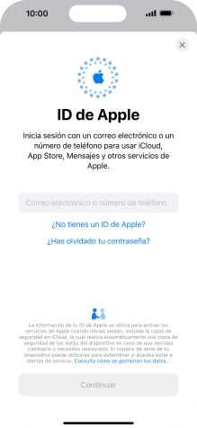 Si no tienes un ID de Apple, pulsa ¿No tienes un ID de Apple? y sigue las indicaciones de la pantalla para ver cómo crear un ID de Apple.