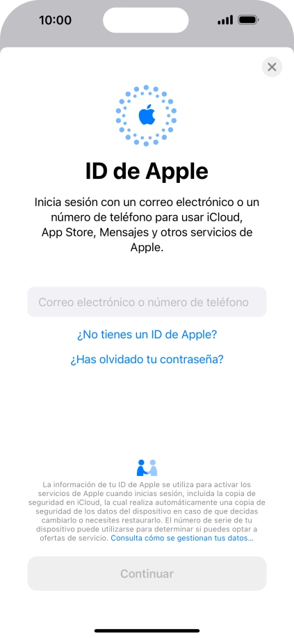 Si no tienes un ID de Apple, pulsa ¿No tienes un ID de Apple? y sigue las indicaciones de la pantalla para ver cómo crear un ID de Apple.