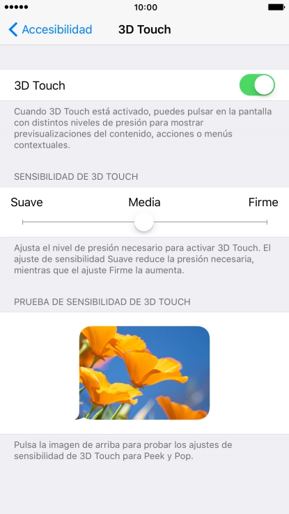 Pulsa el indicador y arrástralo hacia la derecha o la izquierda para ajustar la sensibilidad deseada del 3D Touch.
