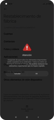 Pulsa OK. Espera unos instantes mientras el teléfono restablece la configuración predeterminada. Sigue las indicaciones de la pantalla para configurar el teléfono y dejarlo listo para su uso.