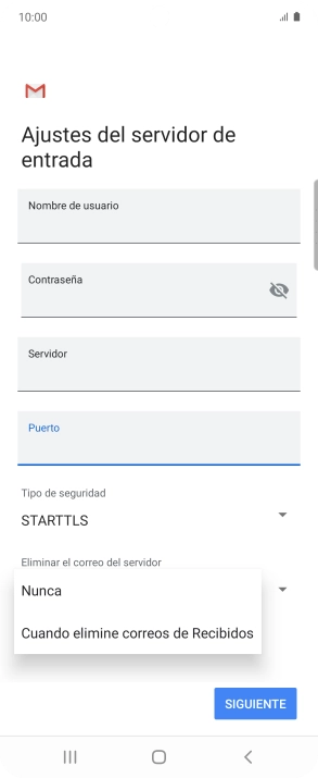 Pulsa Nunca para conservar los correos electrónicos en el servidor cuando los borras del teléfono.