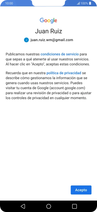 Pulsa Acepto y sigue las indicaciones de la pantalla para seleccionar los ajustes de tu cuenta de Google.