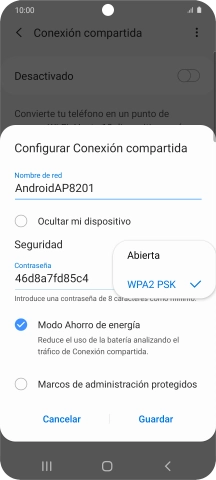 Pulsa WPA2 PSK para proteger la conexión wifi con una contraseña.