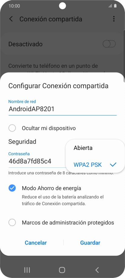 Pulsa WPA2 PSK para proteger la conexión wifi con una contraseña.