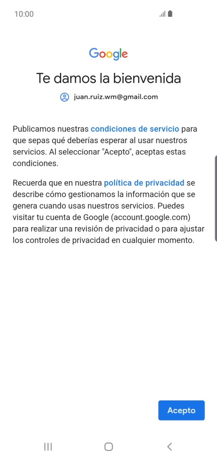 Pulsa Acepto y sigue las indicaciones de la pantalla para seleccionar los ajustes de tu cuenta de Google.