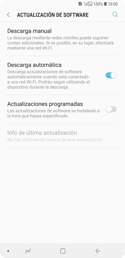 Pulsa Descarga manual. Si hay una versión de software nueva disponible, aparecerá ahora en la pantalla. Sigue las indicaciones de la pantalla para actualizar el software del teléfono.
