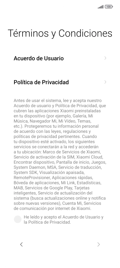 Pulsa en el campo  para aceptar los términos y condiciones.