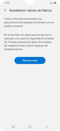 Pulsa Eliminar todo. Espera unos instantes mientras el teléfono restablece la configuración predeterminada. Sigue las indicaciones de la pantalla para configurar el teléfono y dejarlo listo para su uso.