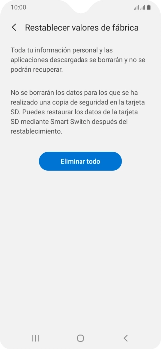 Pulsa Eliminar todo. Espera unos instantes mientras el teléfono restablece la configuración predeterminada. Sigue las indicaciones de la pantalla para configurar el teléfono y dejarlo listo para su uso.