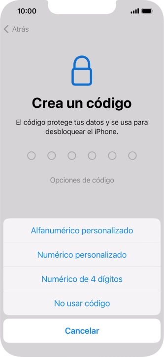 Sigue las indicaciones de la pantalla para activar el uso del código de seguridad o pulsa No usar código.