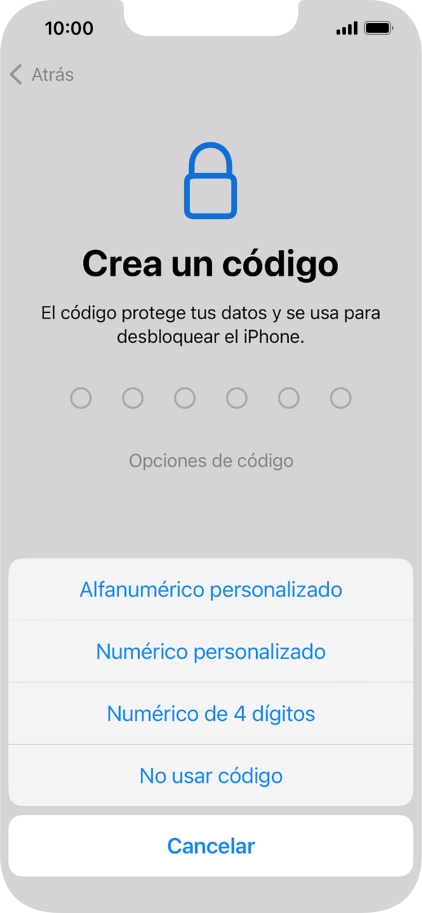 Sigue las indicaciones de la pantalla para activar el uso del código de seguridad o pulsa No usar código.