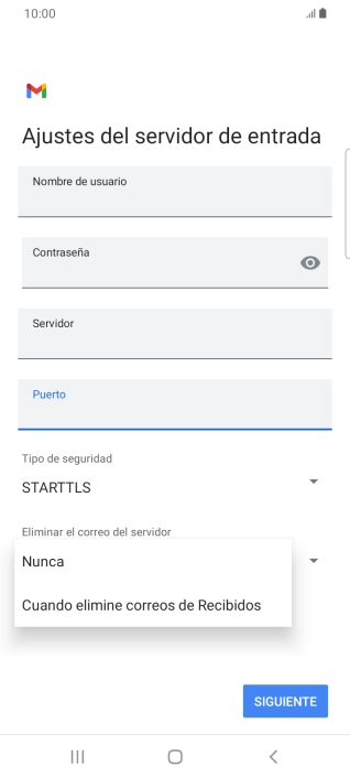 Pulsa Nunca para conservar los correos electrónicos en el servidor cuando los borras del teléfono.