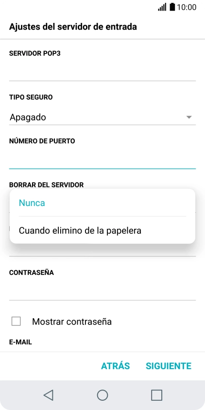 Pulsa Nunca para conservar los correos electrónicos en el servidor cuando los borras del teléfono.