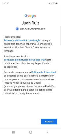 Pulsa Acepto y sigue las indicaciones de la pantalla para seleccionar los ajustes de tu cuenta de Google.