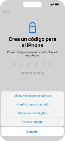 Sigue las indicaciones de la pantalla para activar el uso del código de seguridad o pulsa No usar código.