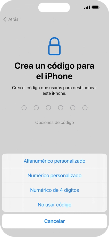 Sigue las indicaciones de la pantalla para activar el uso del código de seguridad o pulsa No usar código.