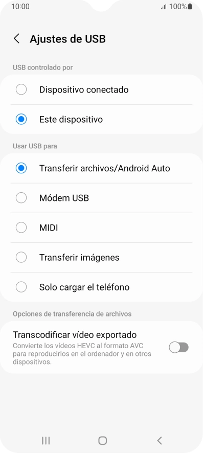 Pulsa Transferir archivos/Android Auto.