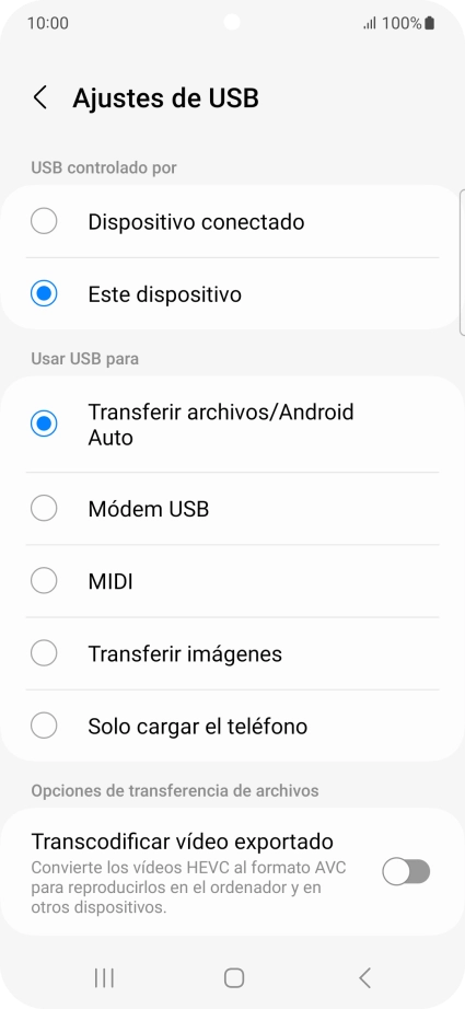 Pulsa Transferir archivos/Android Auto.