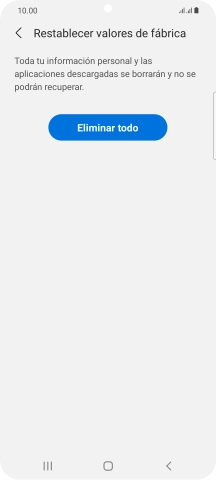 Pulsa Eliminar todo. Espera unos instantes mientras el teléfono restablece la configuración predeterminada. Sigue las indicaciones de la pantalla para configurar el teléfono y dejarlo listo para su uso.