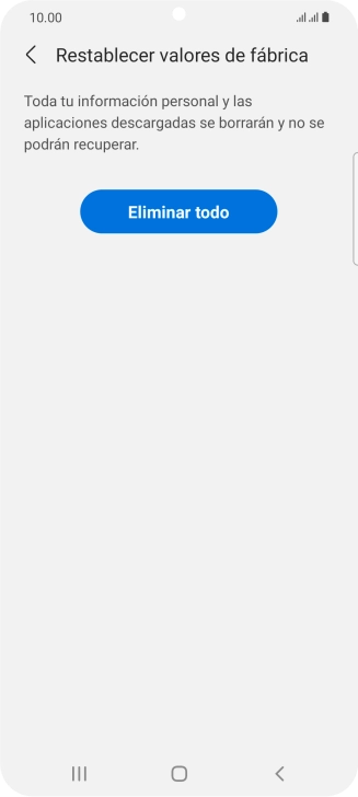 Pulsa Eliminar todo. Espera unos instantes mientras el teléfono restablece la configuración predeterminada. Sigue las indicaciones de la pantalla para configurar el teléfono y dejarlo listo para su uso.