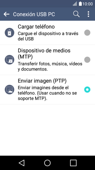 Pulsa Dispositivo de medios (MTP) para activar la función.