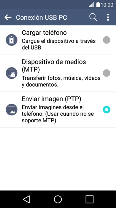 Pulsa Dispositivo de medios (MTP) para activar la función.