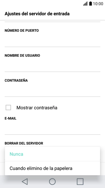 Pulsa Nunca para conservar los correos electrónicos en el servidor cuando los borras del teléfono.