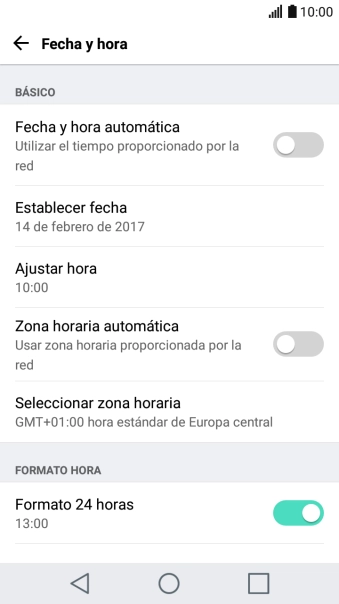 Pulsa Fecha y hora automática para activar la función.