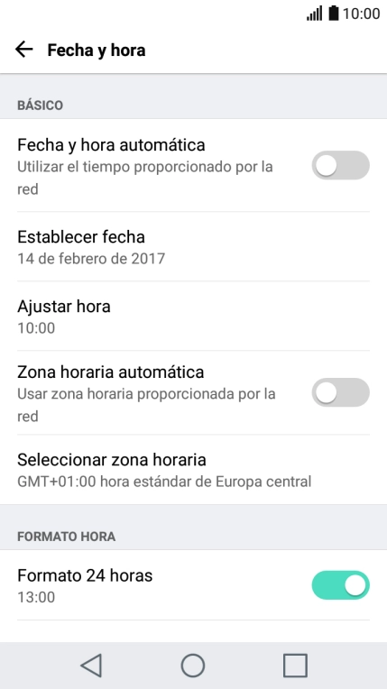 Pulsa Fecha y hora automática para activar la función.