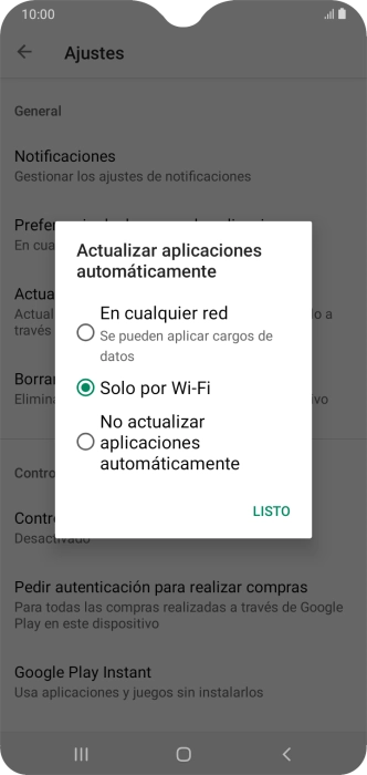 Para activar la actualización automática de apps utilizando la red móvil, pulsa En cualquier red.