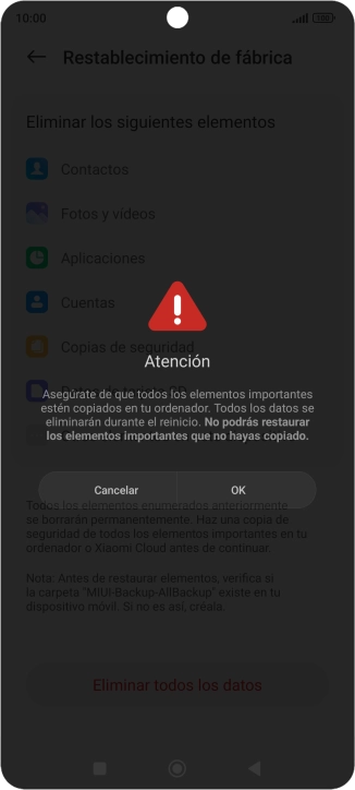 Pulsa OK. Espera unos instantes mientras el teléfono restablece la configuración predeterminada. Sigue las indicaciones de la pantalla para configurar el teléfono y dejarlo listo para su uso.