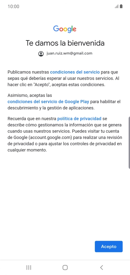 Pulsa Acepto y sigue las indicaciones de la pantalla para seleccionar los ajustes de tu cuenta de Google.