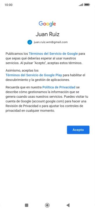 Pulsa Acepto y sigue las indicaciones de la pantalla para seleccionar los ajustes de tu cuenta de Google.
