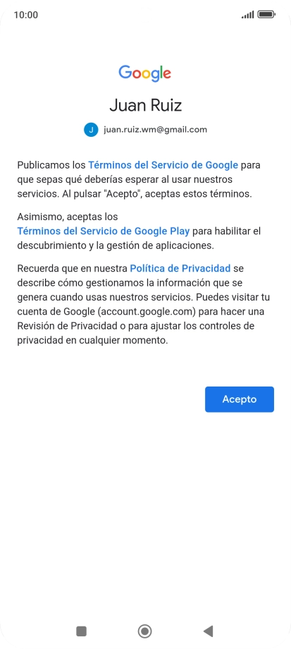 Pulsa Acepto y sigue las indicaciones de la pantalla para seleccionar los ajustes de tu cuenta de Google.