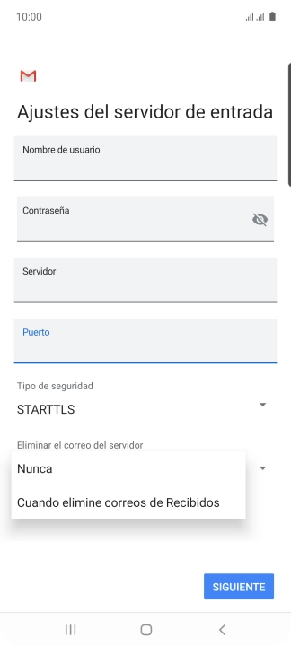 Pulsa Nunca para conservar los correos electrónicos en el servidor cuando los borras del teléfono.