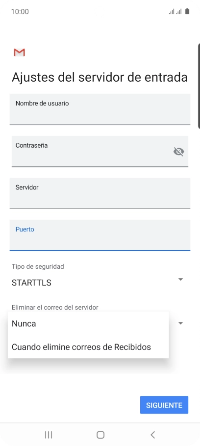 Pulsa Nunca para conservar los correos electrónicos en el servidor cuando los borras del teléfono.
