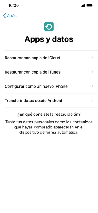 Puedes restaurar el contenido de una copia de seguridad en iCloud cuando el teléfono se activa antes de utilizarlo por primera vez y cuando lo restableces. Cuando aparece esta imagen de pantalla, tu teléfono está listo para restaurar el contenido de una copia de seguridad en iCloud.