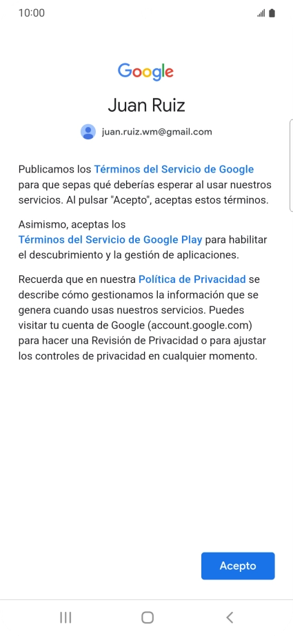 Pulsa Acepto y sigue las indicaciones de la pantalla para seleccionar los ajustes de tu cuenta de Google.