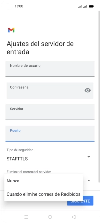 Pulsa Nunca para conservar los correos electrónicos en el servidor cuando los borras del teléfono.