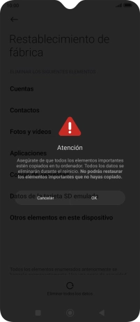 Pulsa OK. Espera unos instantes mientras el teléfono restablece la configuración predeterminada. Sigue las indicaciones de la pantalla para configurar el teléfono y dejarlo listo para su uso.