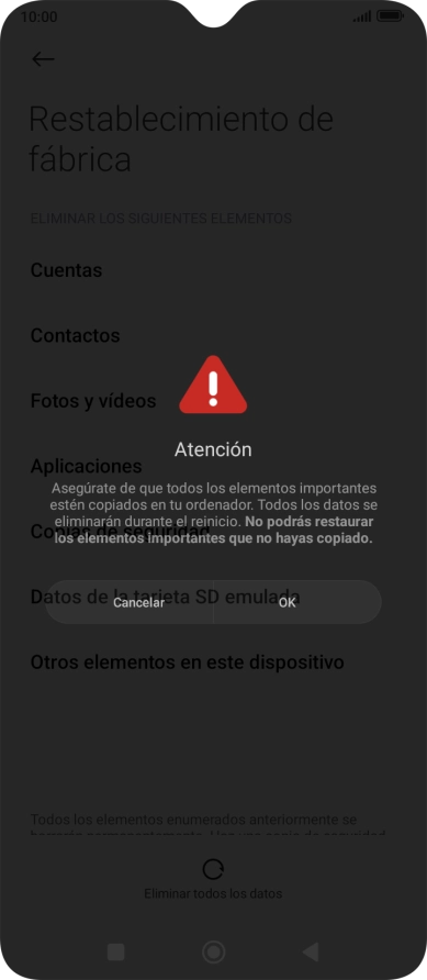 Pulsa OK. Espera unos instantes mientras el teléfono restablece la configuración predeterminada. Sigue las indicaciones de la pantalla para configurar el teléfono y dejarlo listo para su uso.