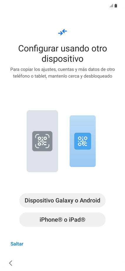 Pulsa la opción deseada para transferir contenido desde otro dispositivo y pulsa Saltar.