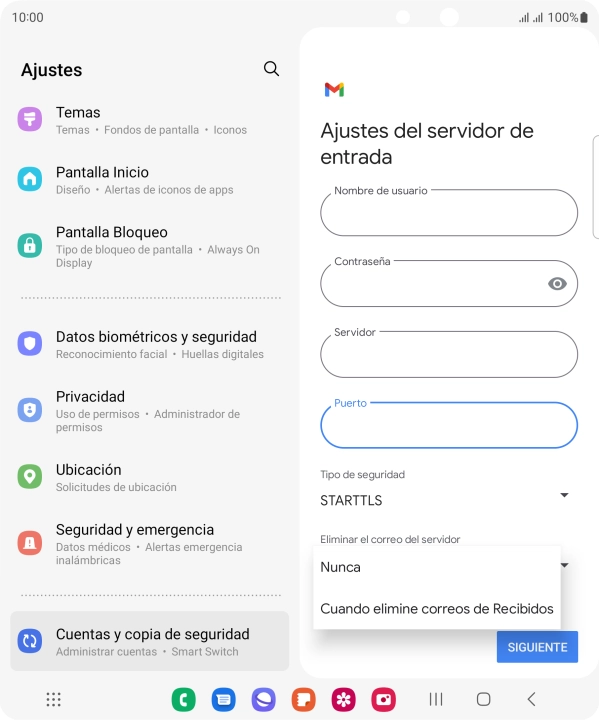 Pulsa Nunca para conservar los correos electrónicos en el servidor cuando los borras del teléfono.